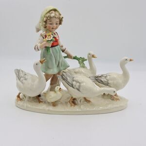 Vintage 1950s German Porcelain Girl With Geese Figurine Statuette 8"